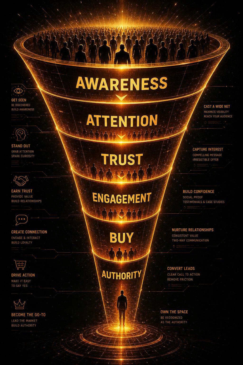 Cinematic premium sales funnel showing audiences flowing from Awareness to Authority