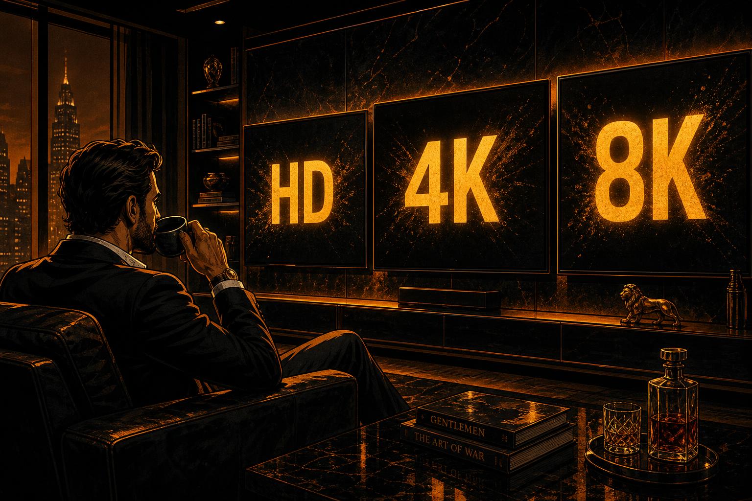 Cinematic illustration of a man watching three screens labeled HD, 4K and 8K